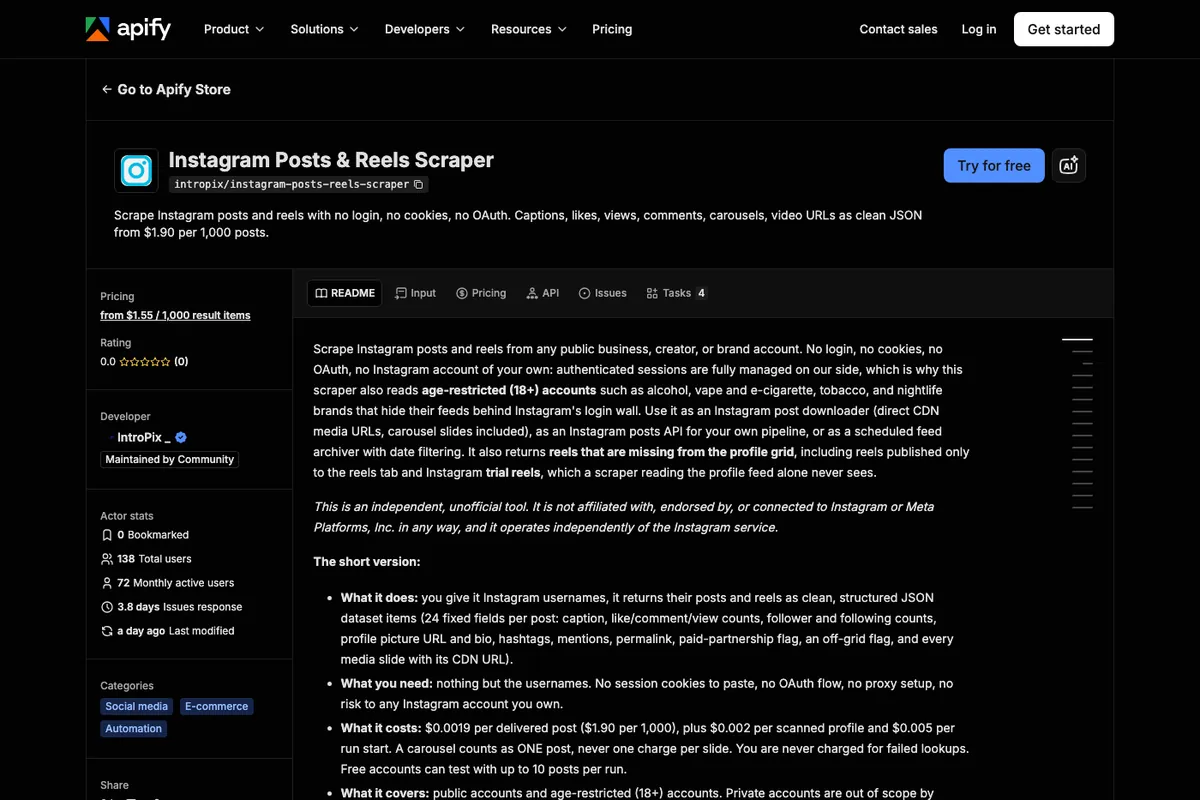 Apify Store listing for the Instagram Posts and Reels Scraper actor.